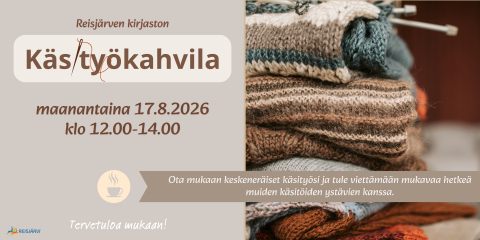 Mainos käsityökahvilasta. Kuva käsityöstä ja tekstinä samat kuin kuvatekstissä.