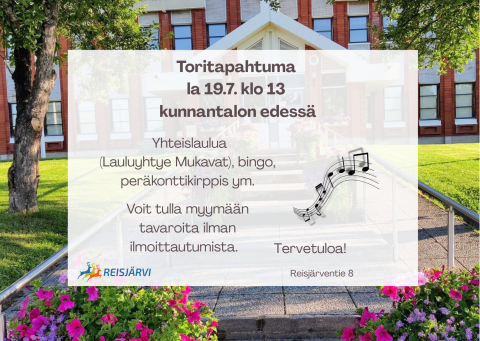 Toritapahtuma kunnantalon edessä (Reisjärven tie 8)  Yhteislaulua (Lauluyhtye Mukavat), bingo, peräkonttikirppis ym. Voit tulla myymään tavaroita ilman ilmoittautumista.