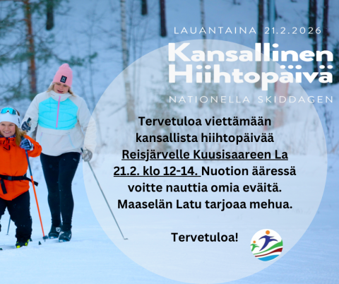 Tervetuloa nauttimaan ulkoilun riemusta koko perheen voimin la 21.2.2026 klo 12-14 Reisjärvelle Kuusisaareen.