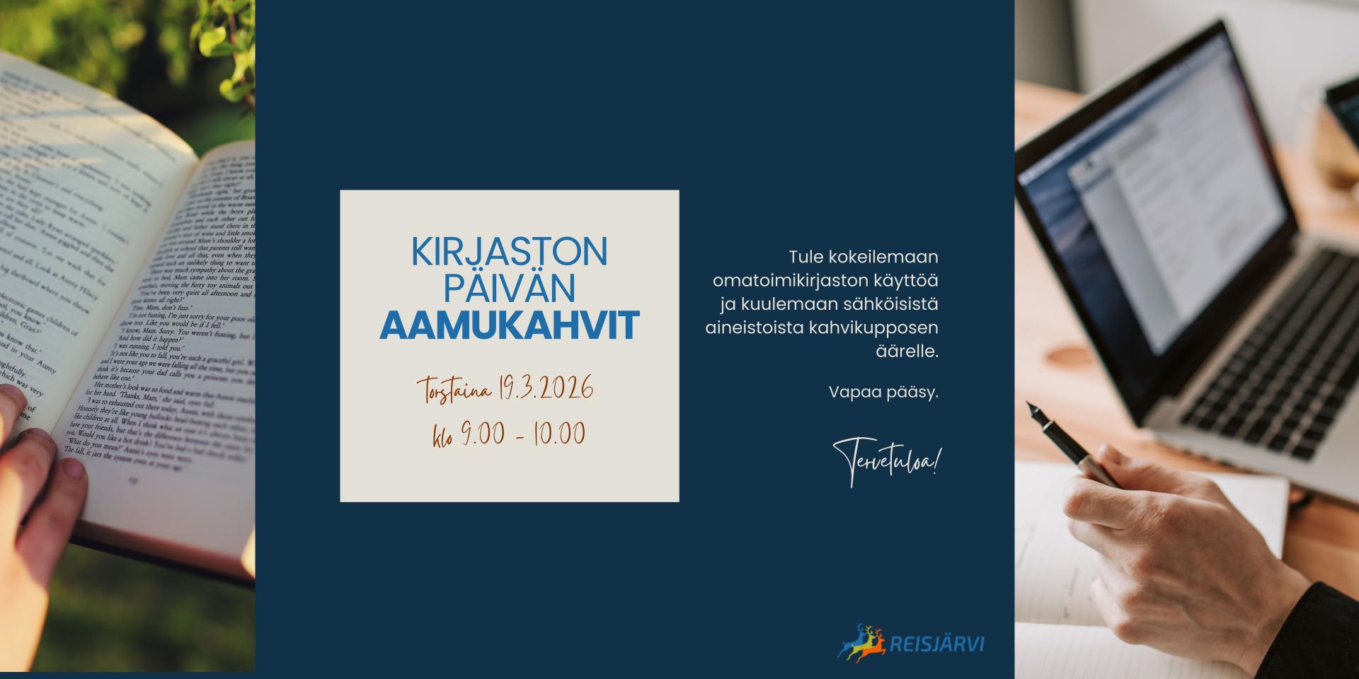 Kirjaston päivän aamukahvit to 19.3.2026 klo 9.00 - 10.00 Reisjärven kirjastossa.