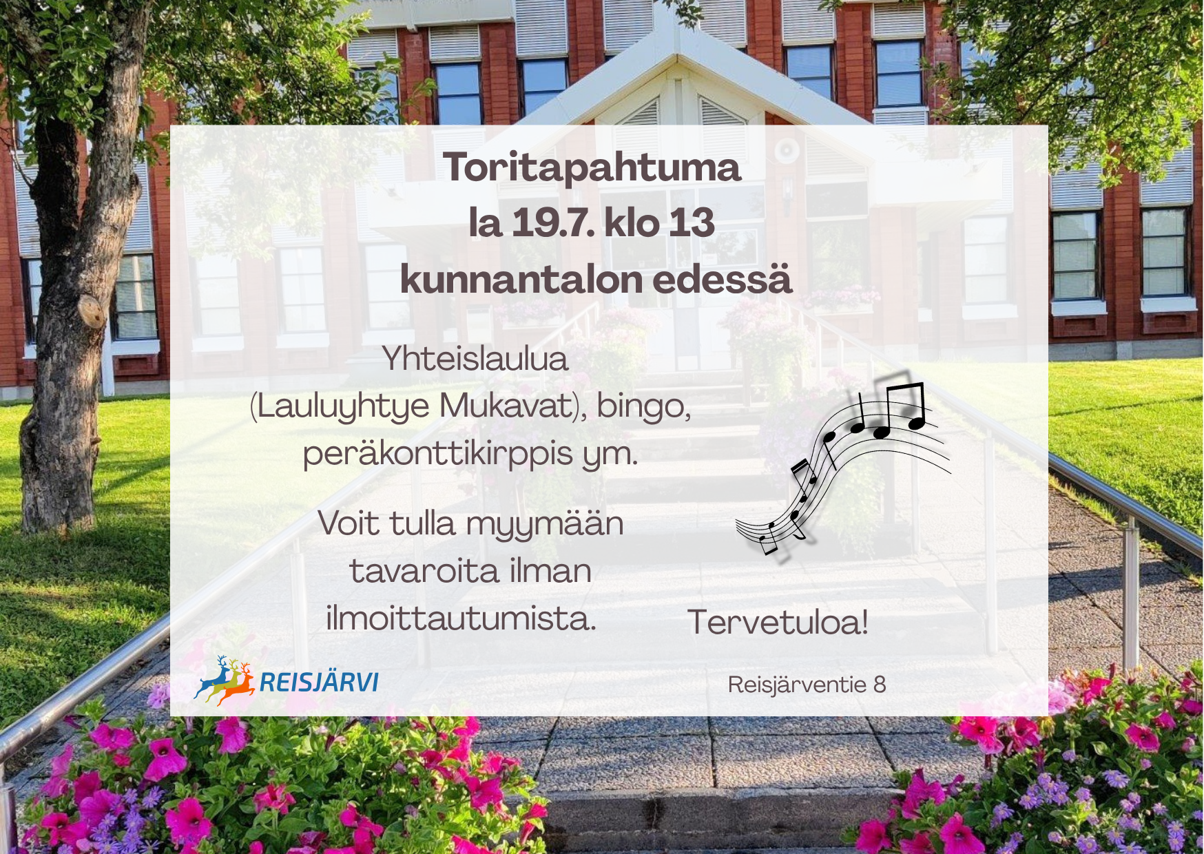 Toritapahtuma kunnantalon edessä (Reisjärven tie 8)  Yhteislaulua (Lauluyhtye Mukavat), bingo, peräkonttikirppis ym. Voit tulla myymään tavaroita ilman ilmoittautumista.
